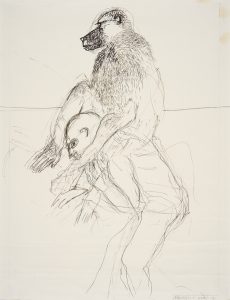 a preparatory sketch showing a large ape riding on the shoulders of a naked make figure. The background is a brick wall
