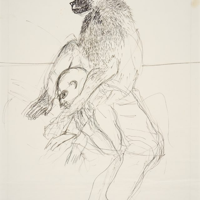 a preparatory sketch showing a large ape riding on the shoulders of a naked make figure. The background is a brick wall