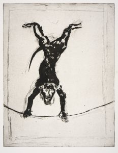 a print showing an ape performing a handstand on a tightrope