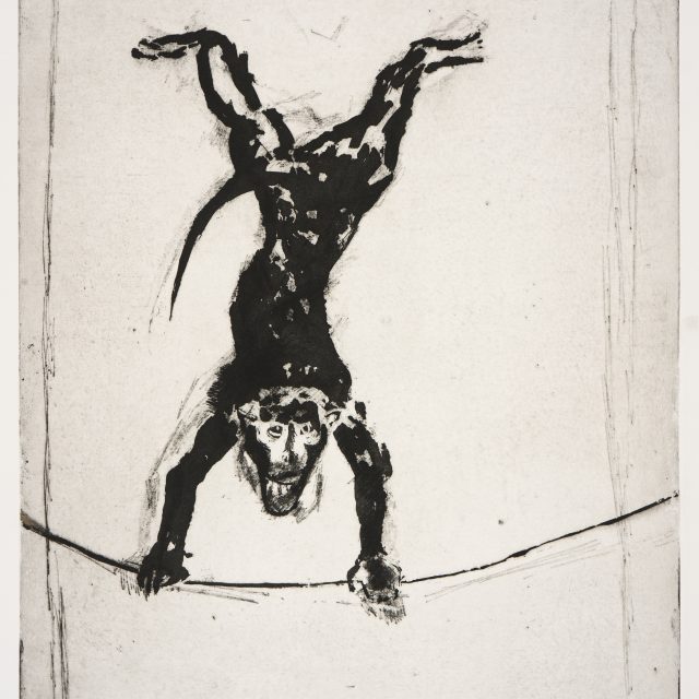 a print showing an ape performing a handstand on a tightrope