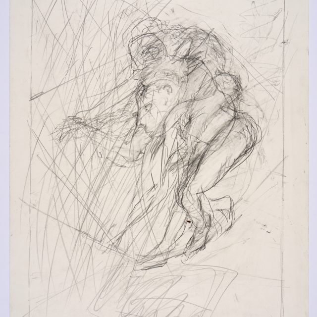 a preparatory sketch showing a two intertwined figures walking on a tightrope