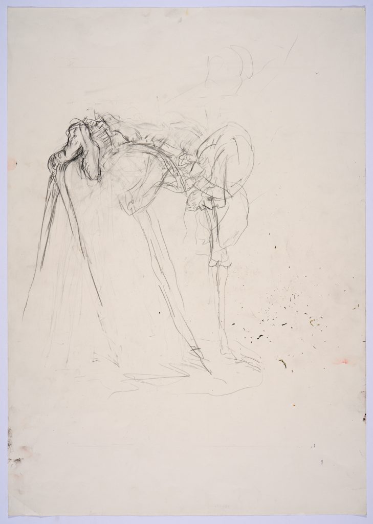 a preparatory sketch showing a crouching skeleton of an unknow animal