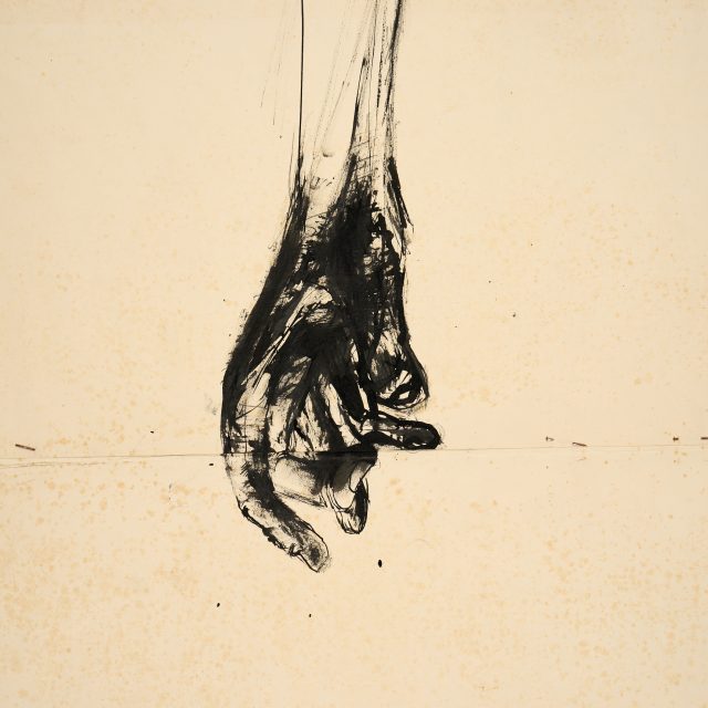 Large working drawing of arm or hand, ink on paper pinned together