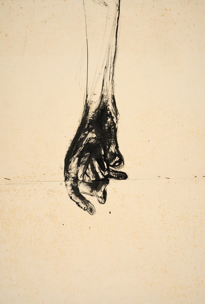 Large working drawing of arm or hand, ink on paper pinned together
