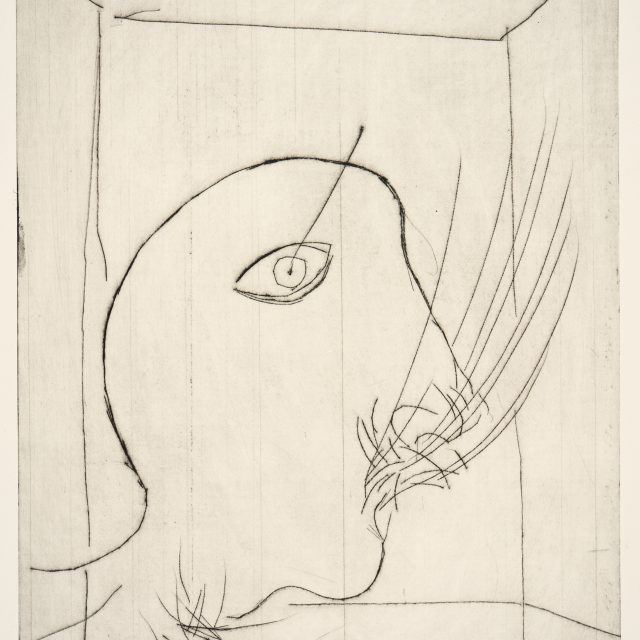 An etching depicting the destorted profile ofa figure, from the neck up, hanging upsidown into the center of the work. The head is boxed in, and lines protrude from the figure's wide eye and open mouth.
