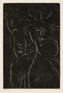 A monotype print depicting Christ on the cross with minimal lines. In the bottom right a figure reaches up towards him.