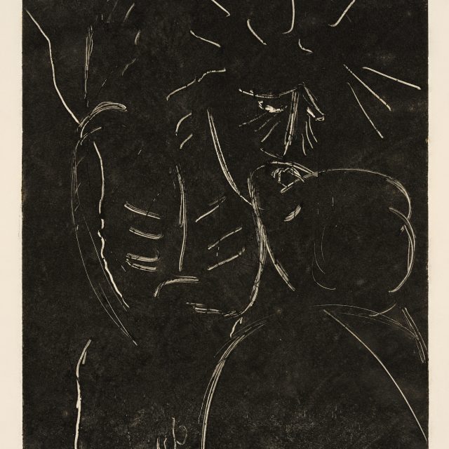 A monotype print depicting Christ on the cross with minimal lines. In the bottom right a figure reaches up towards him.