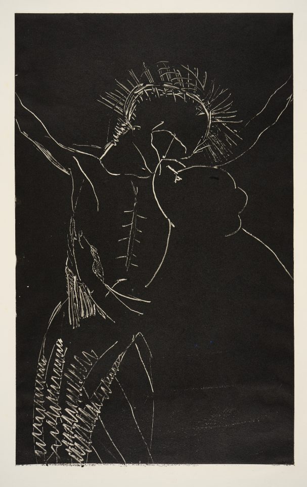 A monotype print depicting Christ on the cross with minimal lines. In the bottom right a figure reaches up towards him.