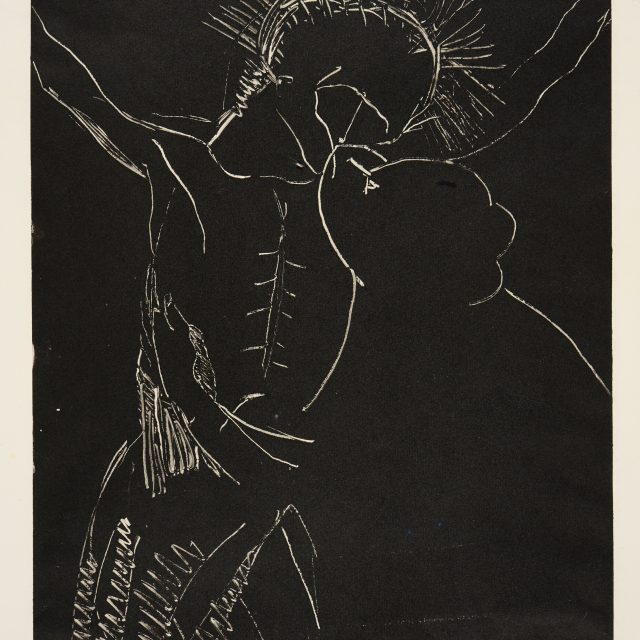A monotype print depicting Christ on the cross with minimal lines. In the bottom right a figure reaches up towards him.