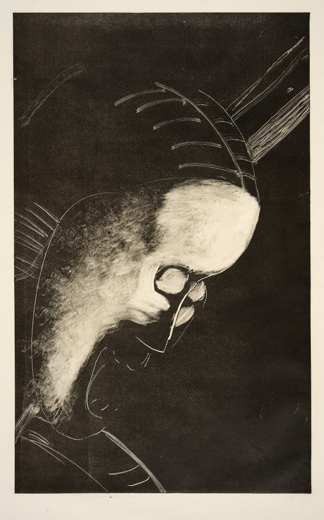 A monotype print with a black background depicting a distorted face. Thin pale lines show the outline of the figure’s head. The forehead and cheek bones are exaggerated, highlighted white. The face has wide whited over eyes, and an open screaming mouth.