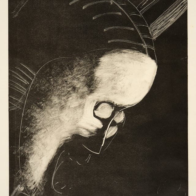 A monotype print with a black background depicting a distorted face. Thin pale lines show the outline of the figure’s head. The forehead and cheek bones are exaggerated, highlighted white. The face has wide whited over eyes, and an open screaming mouth.