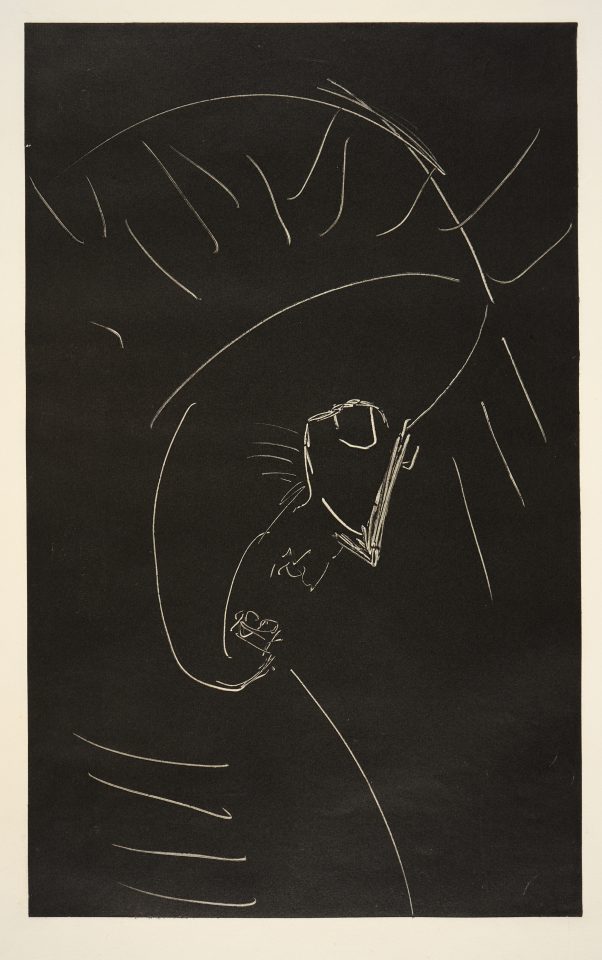 A monotype print with a black background depicting a distorted face with open mouth and pointed nose. The features are depicted through thin white lines.