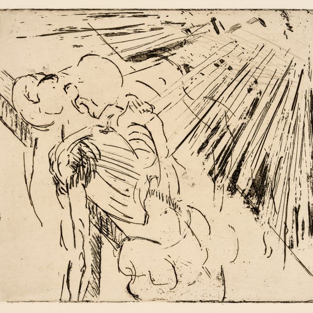 Two distorted figures are depicted through thin scratchy lines, black against a natural yellowed background. Harsh lines protrude from the top right corner, pointing towards the figures.