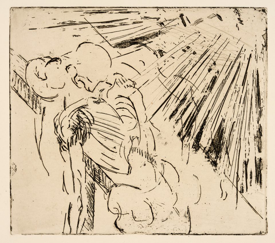 Two distorted figures are depicted through thin scratchy lines, black against a natural yellowed background. Harsh lines protrude from the top right corner, pointing towards the figures.