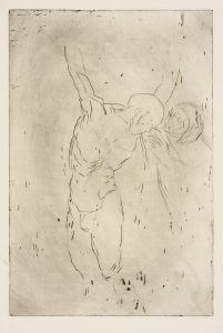 A pale etching depicts a figure, suspended as if crucified, his body contorted, being attended to by a hooded figure.