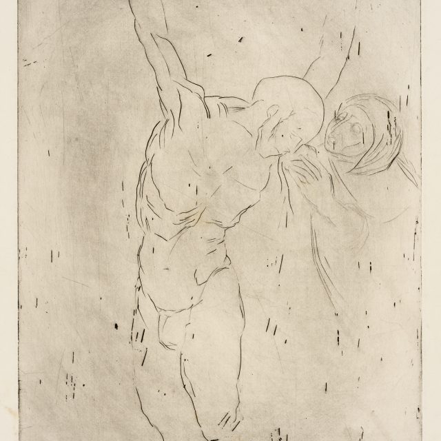 A pale etching depicts a figure, suspended as if crucified, his body contorted, being attended to by a hooded figure.