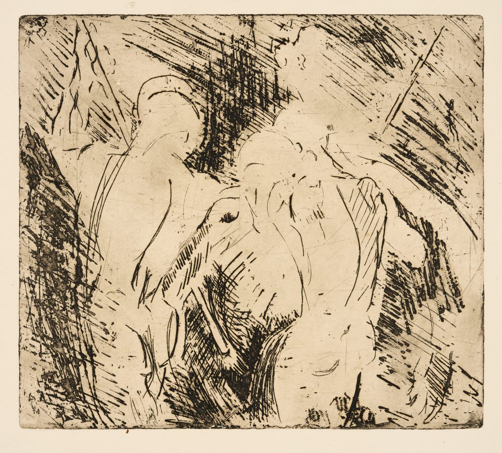 An expressive etching depicts the outlined figures of two naked men, holding long sticks. Their forms are illuminated, surrounded by dark crosshatching.
