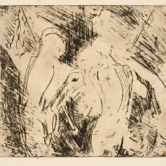 An expressive etching depicts the outlined figures of two naked men, holding long sticks. Their forms are illuminated, surrounded by dark crosshatching.