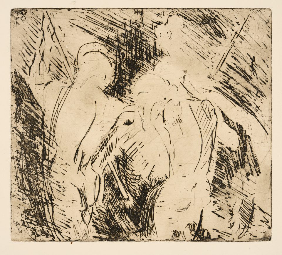An expressive etching depicts the outlined figures of two naked men, holding long sticks. Their forms are illuminated, surrounded by dark crosshatching.