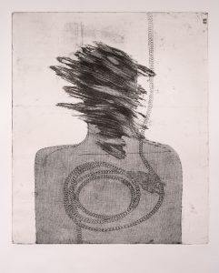 A detailed, monotone etching depicts a shaded figure, with a distorted head, obscured with black smudges. A cord trails down from above the figure's head, and circles around above the figure's chest.