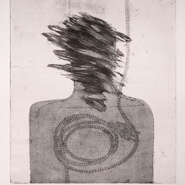 A detailed, monotone etching depicts a shaded figure, with a distorted head, obscured with black smudges. A cord trails down from above the figure's head, and circles around above the figure's chest.