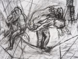 An expressive charcoal drawing shows two figures, trying to balence on a tightrope. One figure stands doubled over in the centre of the image, while the other sits off to the left of the drawing, facing away.