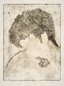 A textured etching shows a figure from the shoulders up. The face is blank and featureless,, turning inwards towards the figure's shoulder, depicted in one curved line. The hair is textured and detailed.
