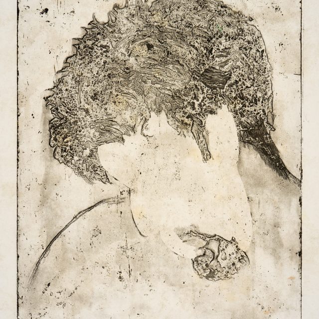A textured etching shows a figure from the shoulders up. The face is blank and featureless,, turning inwards towards the figure's shoulder, depicted in one curved line. The hair is textured and detailed.