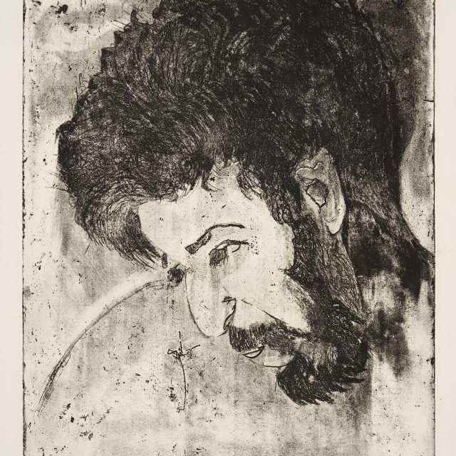 A textured etching shows a figure looking downwards towards the left hand corner of the image. He has dark hair, sideburns, a beard and mustache.