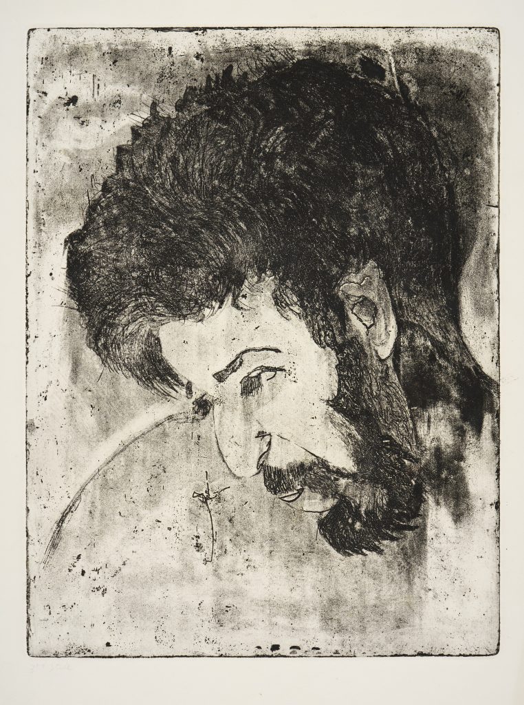 A textured etching shows a figure looking downwards towards the left hand corner of the image. He has dark hair, sideburns, a beard and mustache.