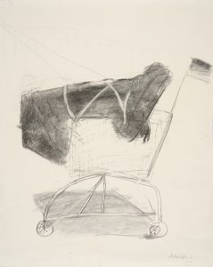 A pencil drawing depicting a shopping trolley, with large, dark, bulky contents. The trolley stands out from the plae background, a square shadow beneath it.