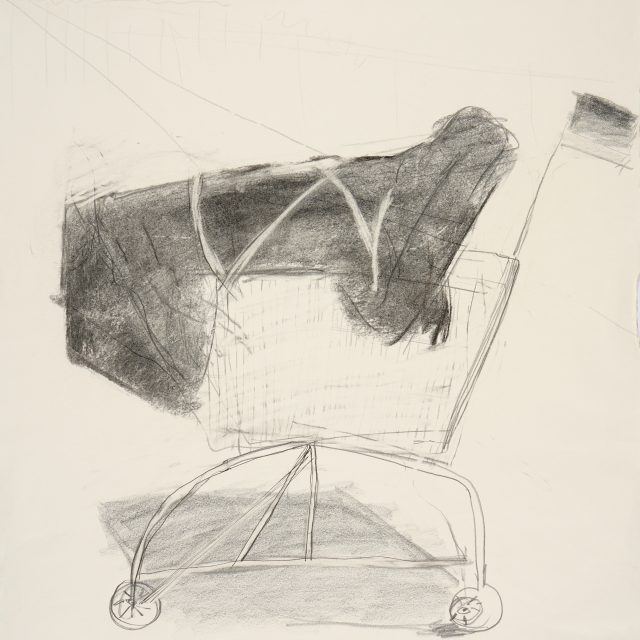 A pencil drawing depicting a shopping trolley, with large, dark, bulky contents. The trolley stands out from the plae background, a square shadow beneath it.