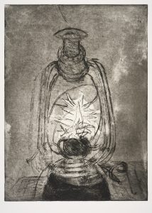 An etching with a dark grey background, depicts an oldfashioned oil lamp burning. The flame at the center is the brightest park of the image, the outlines and details of the lamp redered through dark lines.