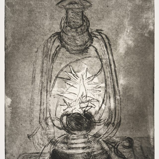 An etching with a dark grey background, depicts an oldfashioned oil lamp burning. The flame at the center is the brightest park of the image, the outlines and details of the lamp redered through dark lines.