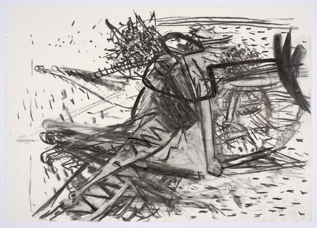A charcoal drawing depicts an abstracted locust, using thick, energetic lines, dots, and smudges.