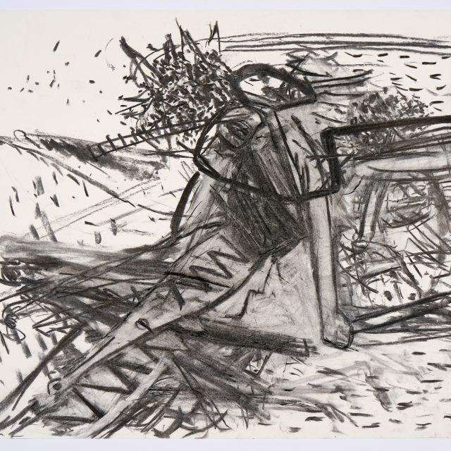 A charcoal drawing depicts an abstracted locust, using thick, energetic lines, dots, and smudges.