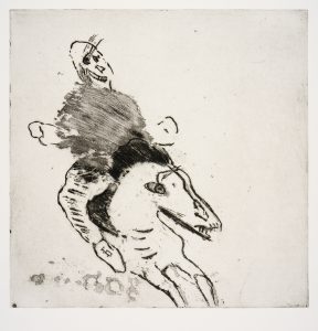 A monocrome print depicting a simple figure, riding a horse. The figure and horse both have drawn, skeletal faces, with exposed teeth. The figure has mitten-like hands, and their upper body is depicted by a dark smudge.