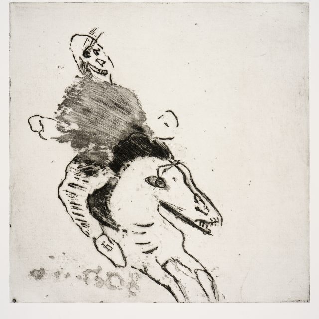 A monocrome print depicting a simple figure, riding a horse. The figure and horse both have drawn, skeletal faces, with exposed teeth. The figure has mitten-like hands, and their upper body is depicted by a dark smudge.