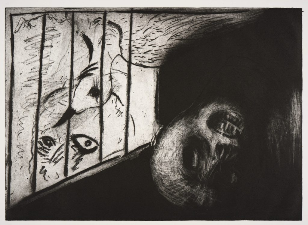 A monotone print using simple lines depicts a wide eyed, harrowed figure from the nose up, looking in through bars above him to see a skull in a dark corner. A bird files above the figure's head, also looking in through one small black eye.