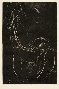 A monotone print, with a dark background a simple pale lines, depicts two male figures sat together. The figure on the left appears to be looking down, watching the figure on the right. On the right the figure has a disproportionally large hand. and is sat, with his knees appart.