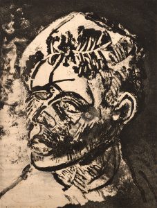 A monotone print depicting the artist. The image looks down at the artist from above, showing his head and shoulders. His hair is parted at the side, and bold lines are used to draw the artists features, including his eyes, nose, mouth, and ear.