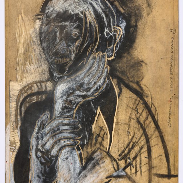 A woodcut panel shows a depiction of the artist. The artist has carved the outline of the form into the wood, and used black and white pigments to build in shadow and highlight, particularly on the hands. The right hand touching the figure's cheek, and the left hand clasped round the right wrist.