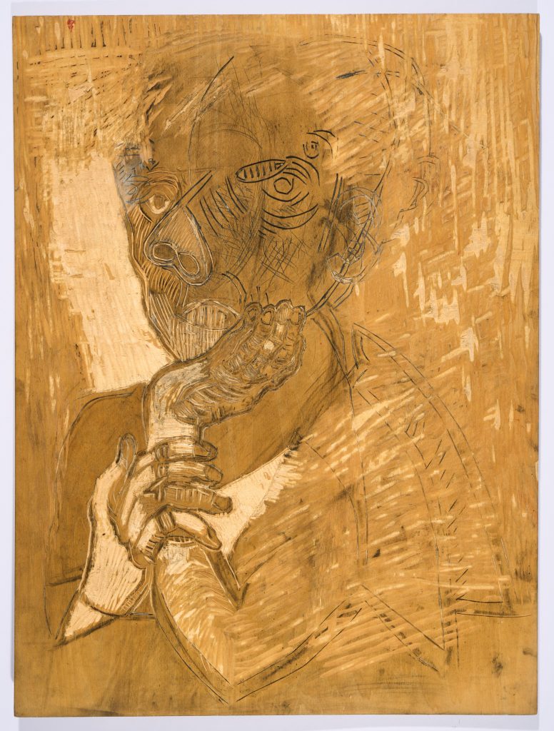 A woodcut panel depicts a self portrait of the artist. Small cuts cover the right hand side of the image, and fluid lines define the features on the figure's face. The right hand touching the figure's cheek, and the left hand clasped round the right wrist.
