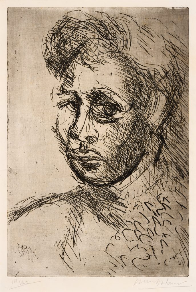An etching depicting the artist. From the shoulders up, the artist is depicted through small, soft lines, looking towards the viewer, with his face turned slightly away. The details of the features are soft, and the right side of their face shaded.