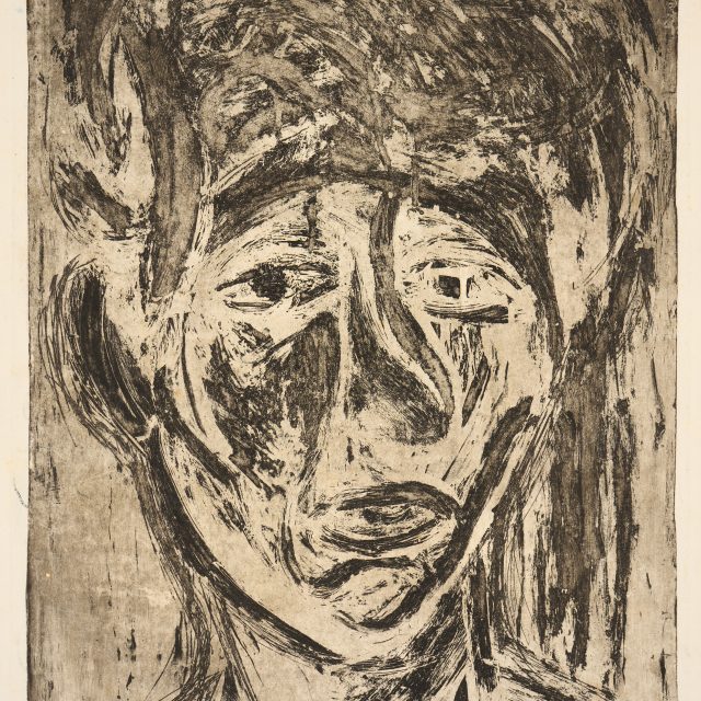 An expressive print depicts the artist. Shown from the shoulders up, the figure faces the viewer. The features are defined using bold, painterly lines. The eyebrows appear to be raised, giving the face a forlorn, weary expression.