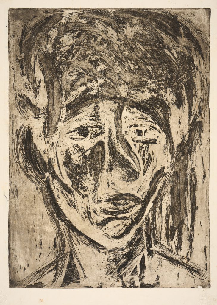 An expressive print depicts the artist. Shown from the shoulders up, the figure faces the viewer. The features are defined using bold, painterly lines. The eyebrows appear to be raised, giving the face a forlorn, weary expression.