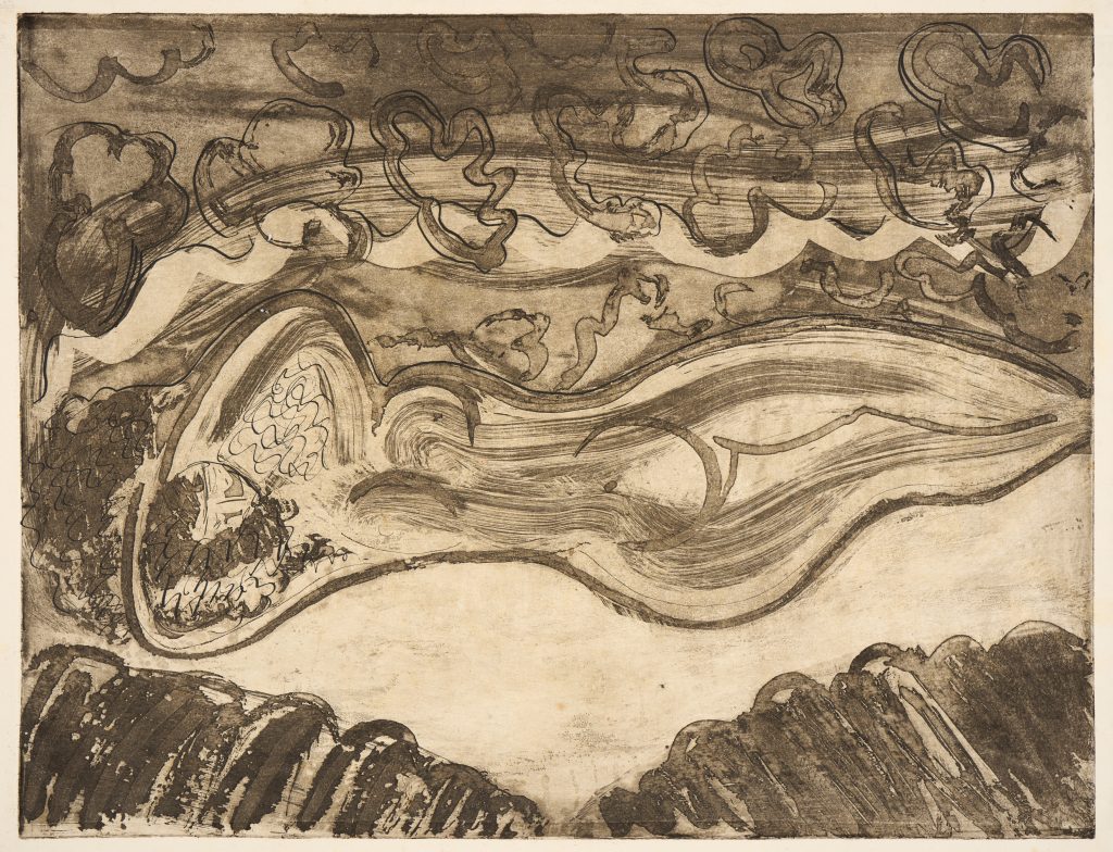 An expresive print depicts a reclining female nude, using painterly fluid lines. The figure lays with her arms above her head, on a pale background. surrounding the nude are soft, organic, darker shapes suggesting an outdoor setting with clouds and long grass.