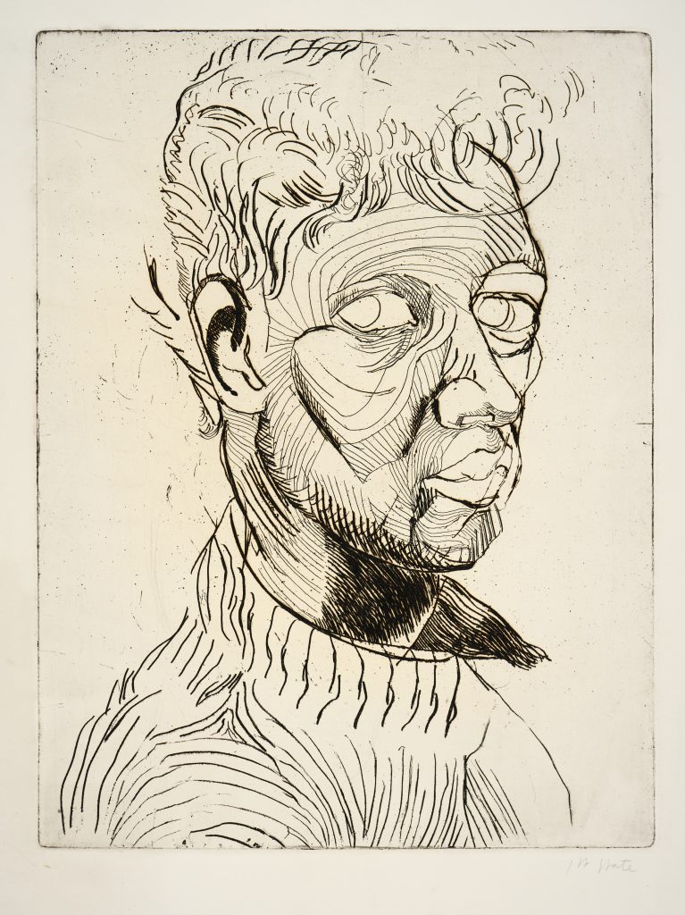 A print depicting the artist. The torso is turned away at 90 degrees from the viewer, but hte figure, shown from shoulder up, makes looks out towards the viewer. The forms of the face are represented with thin lines, like contour lines, suggesting the high points of the face such as the cheek bones. The eyes are left pale, without irises.