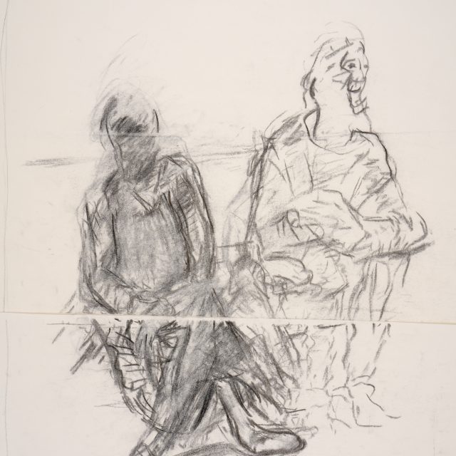 A charcoal sketch shows two figures sat together, their legs appear to be touching, while the space between them forms a V shape. The figure on the left is darker, shaded with soft blurred marks. The figure on the left is depicted through shorter, sharper lines.