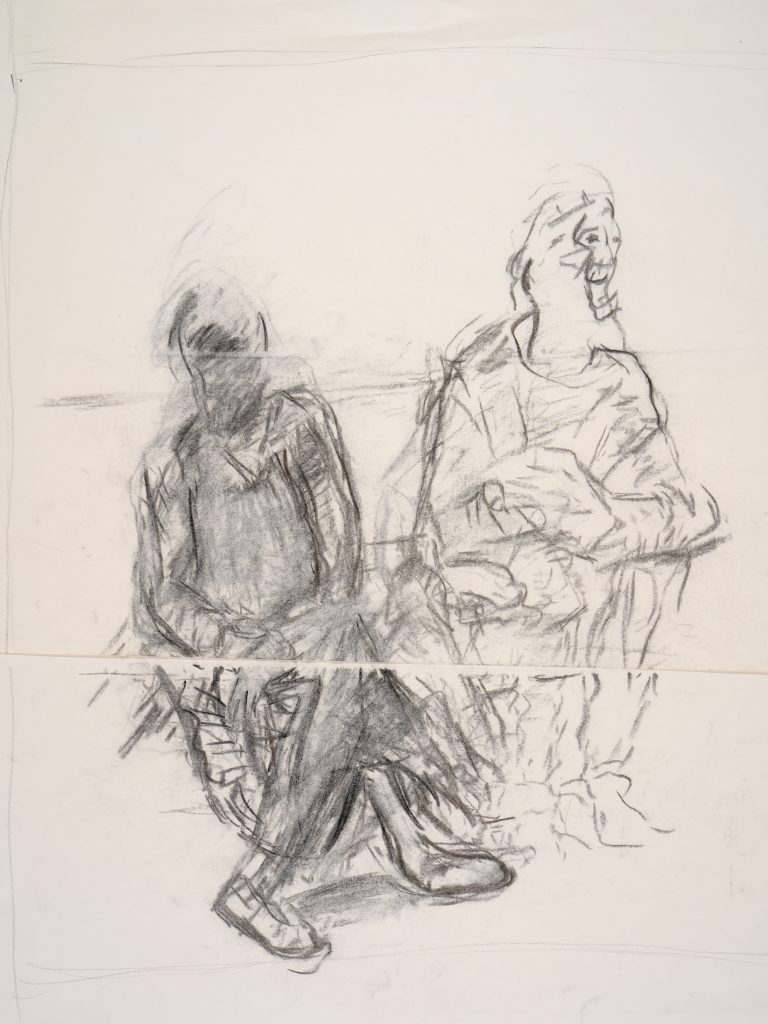 A charcoal sketch shows two figures sat together, their legs appear to be touching, while the space between them forms a V shape. The figure on the left is darker, shaded with soft blurred marks. The figure on the left is depicted through shorter, sharper lines.
